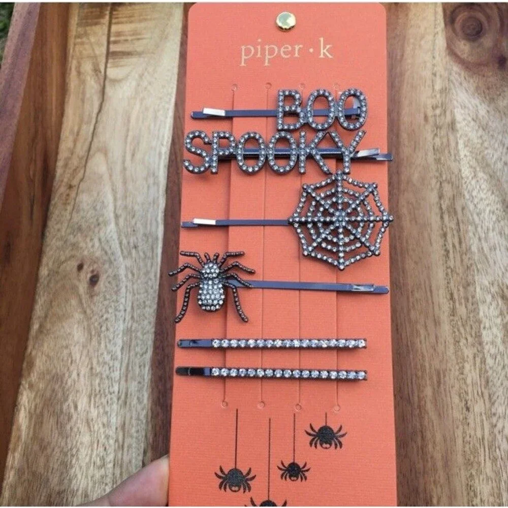 Piper K Halloween Hair Pins Clips Rhinestone Spider Web Set Goth Costume Bling
